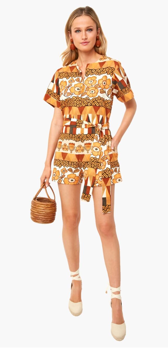 Carolina K Romper XS Tilly Rombus Flowers Orange Floral Cotton Boho Retro Luxury